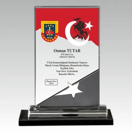 Askeri Hizmet Anısı Yıldızlı Kristal Askeri Şilt Plaket